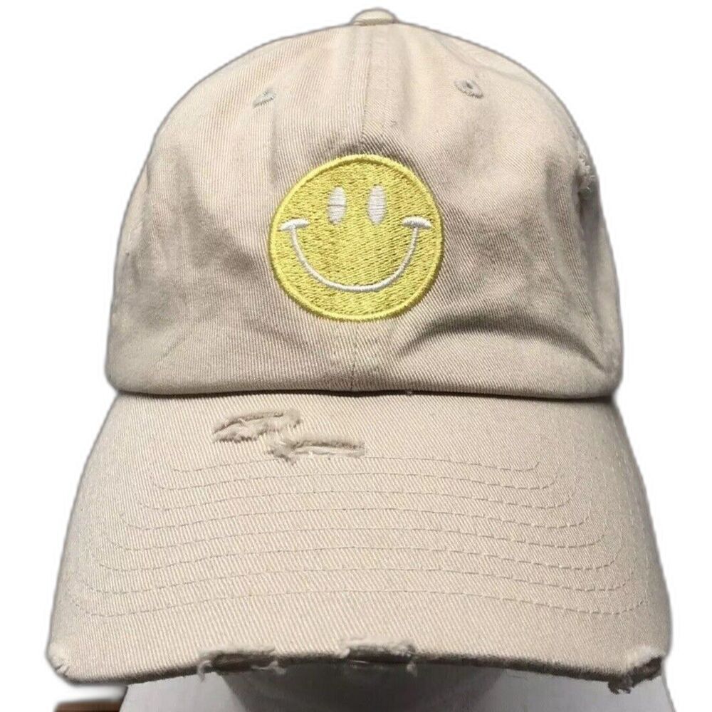 Kbethos Vintage Smiley Face Hat Cap Distressed Beige Girl Tribe Strapback